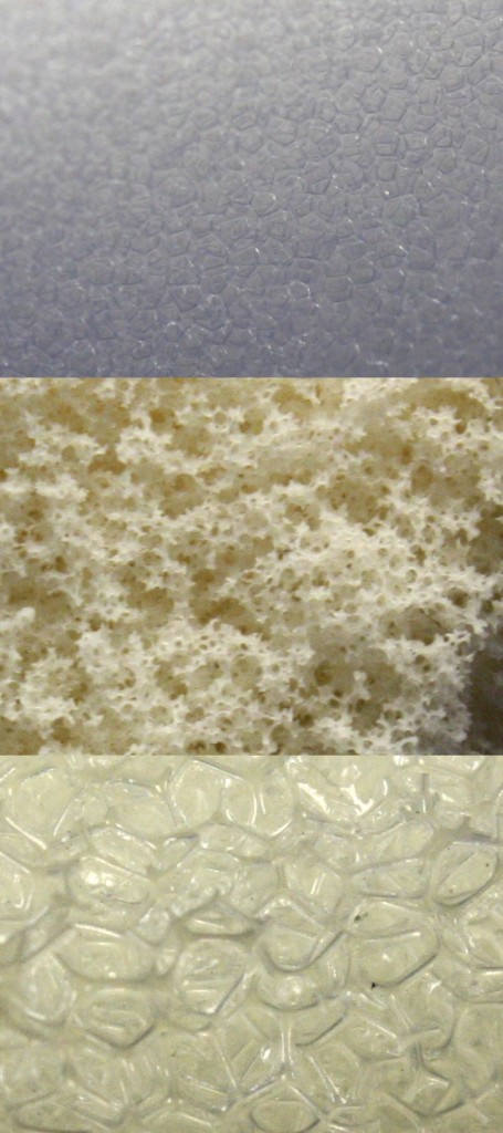 Top: Standard Polyurethane Foam, Middle: Latex Foam, Bottom: Dryfast Foam