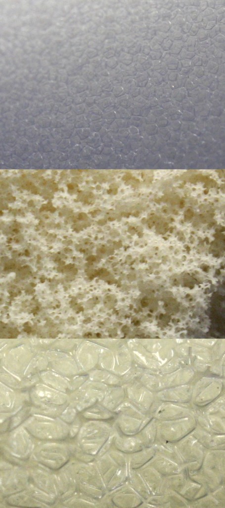 Top: Standard Polyurethane Foam, Middle: Latex Foam, Bottom: Dryfast Foam Top: Standard Polyurethane Foam, Middle: Latex Foam, Bottom: Dryfast Foam