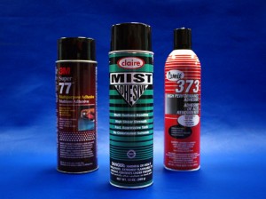(Left to Right) 3M Super 77, Claire Mist, and Camie 373 Spray Adhesives