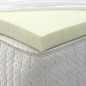 a foam topper laying under a bed sheet that's pulled back, both are on top of a mattress