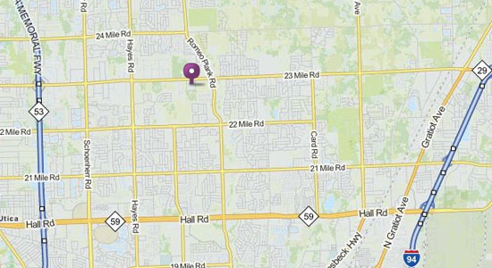Map of Macomb, Michigan showing Foam Factory's location on 23 Mile Road